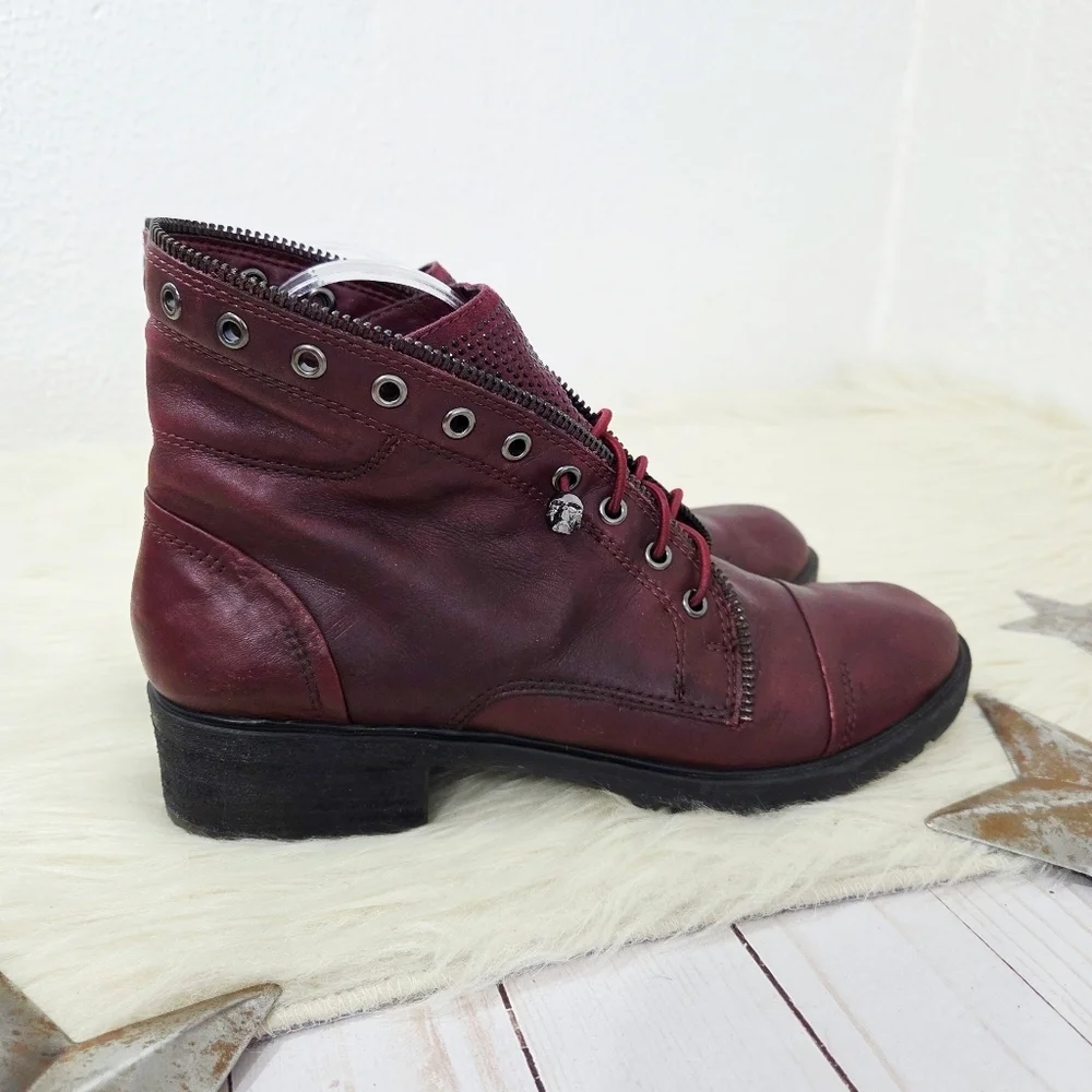 Gianni Bini Fire-worx Boots Spiced Wine Red Studded Skull Lace-up Gunmetal Sz 8